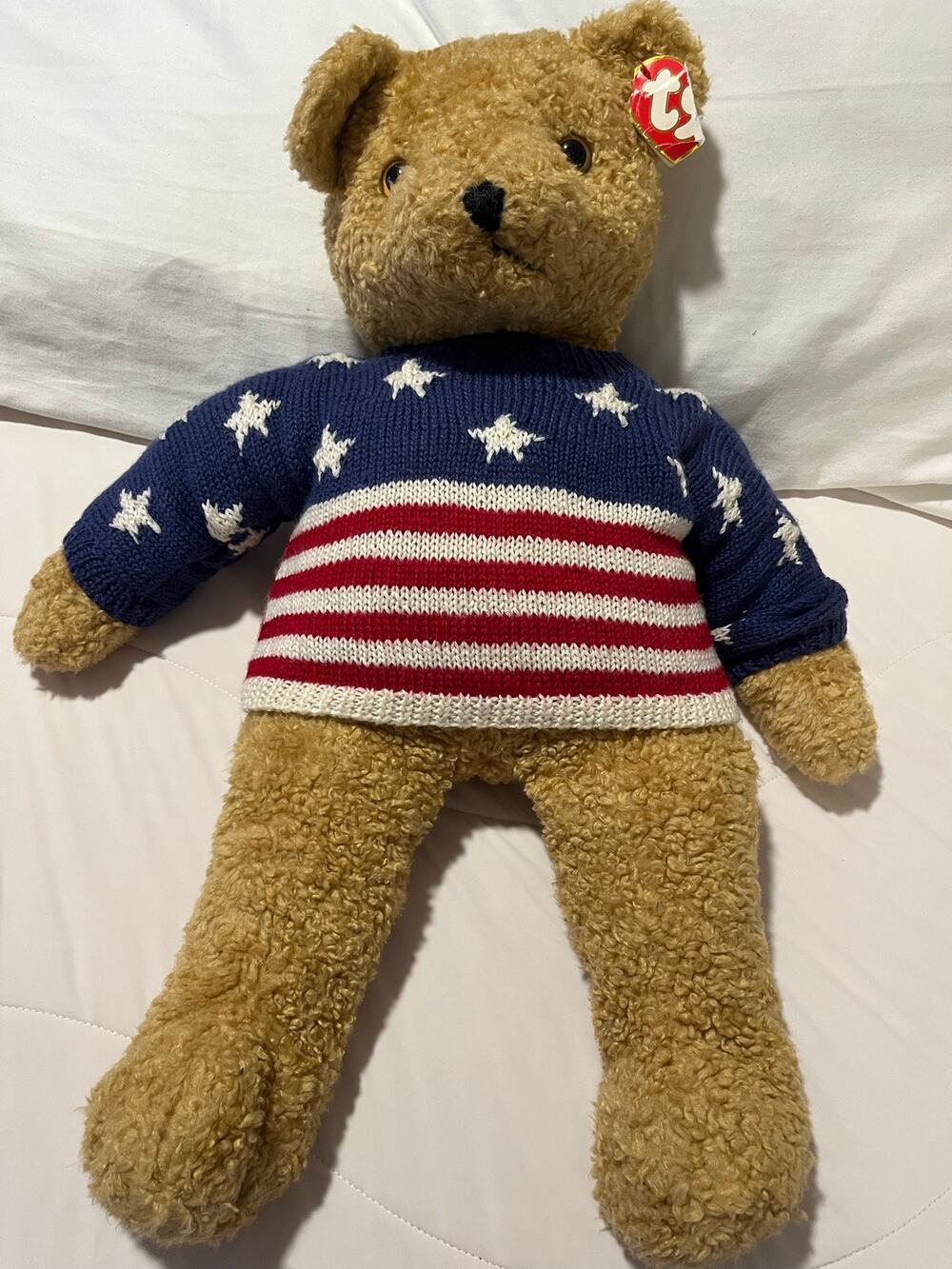 Vintage 1992 Ty Classic Large Curly Bear 26" Stars & Stripes Patriotic Sweater